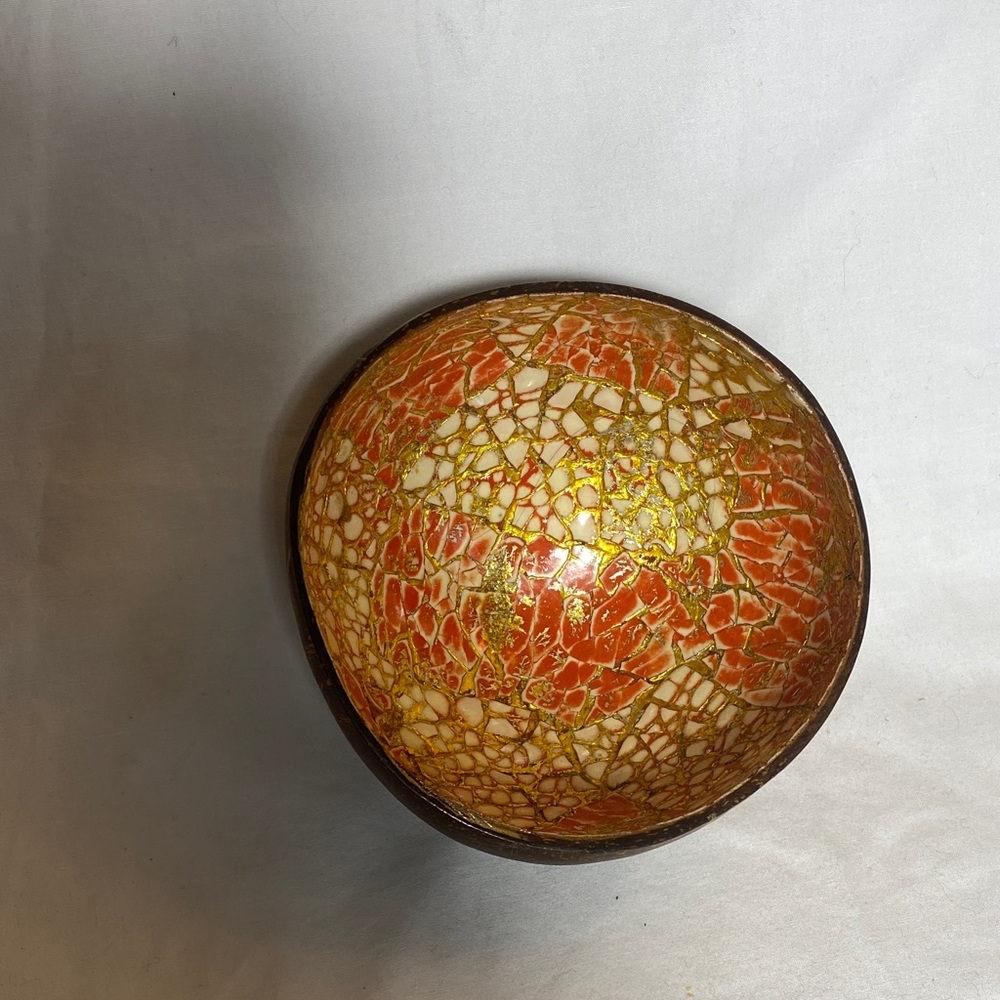Artistic Mosaic Coconut Bowl with Orange and Gold Accents